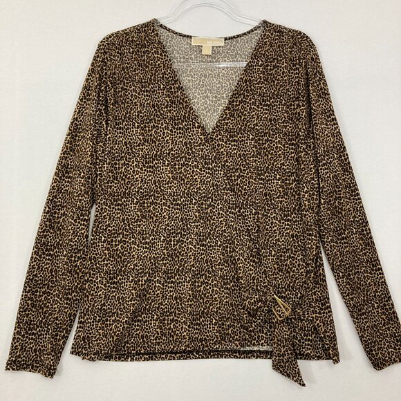 Michael Michael Kors Large Brown Leopard Print Long Sleeve Surplice Top Office - Picture 1 of 8